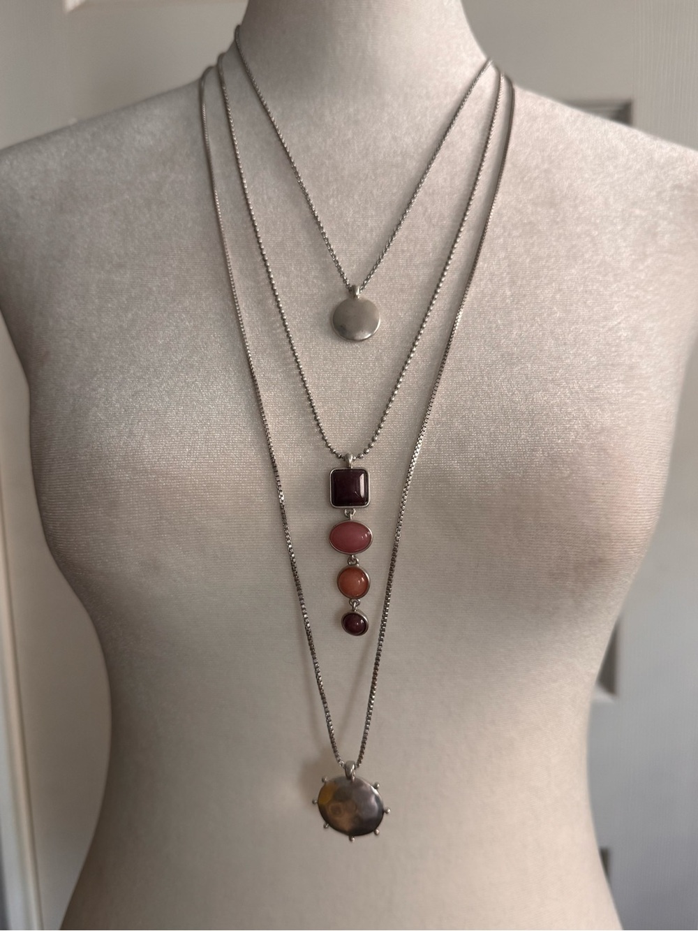 LUCKY Brand ™️ Layered Silver Necklace with Pink Multi-Stone Pendant